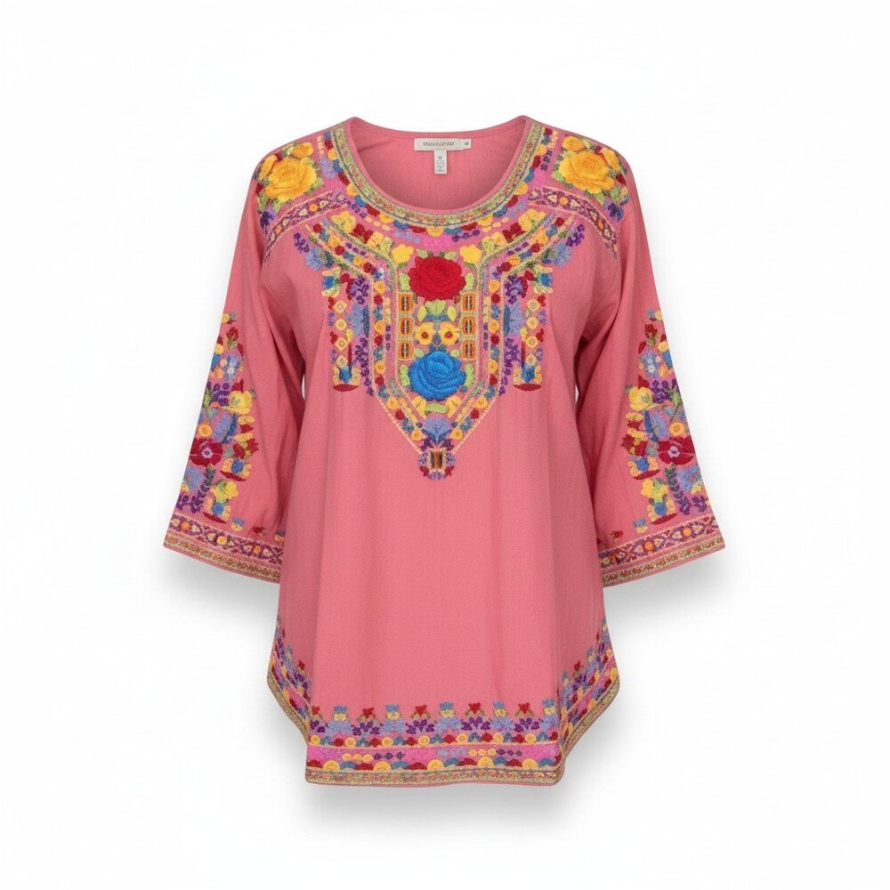 Durga Pink Embroidered Boho Peasant Tunic Top Rayon Medium